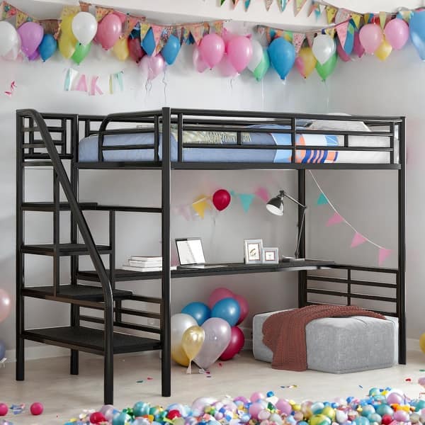 slide 2 of 9, Modern Twin Size Loft Bed Frame With Desk,No Box Spring Needed for Bedroom Black