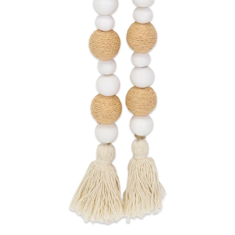 Kira White Wood and Brown Fabric Beaded Garland - N/A