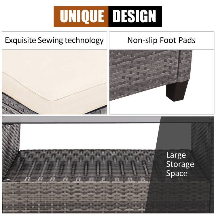 4 Pieces Patio Rattan Furniture Set with Cushion and Table Shelf - 27.5" x 47" x 30" (L x W x H)
