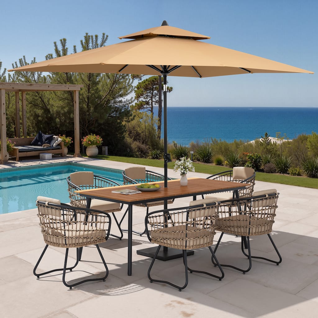9PC Outdoor Patio Dining Set Aluminum Table with Rattan Chairs w/ Market Umbrella Sets