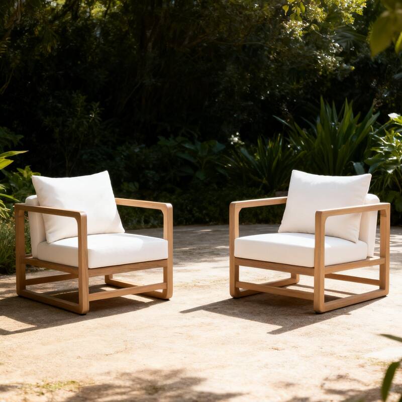 Christopher Knight Home - Marcellus Acacia Wood Oversized Lounge Chair with Removable Cushions (Set of 2) - Natural + Beige
