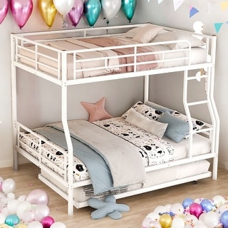 Modern Silver Full XL/Queen Bunk Bed with Trundle-Durable Iron Frame & Safety Features Triple Bunk