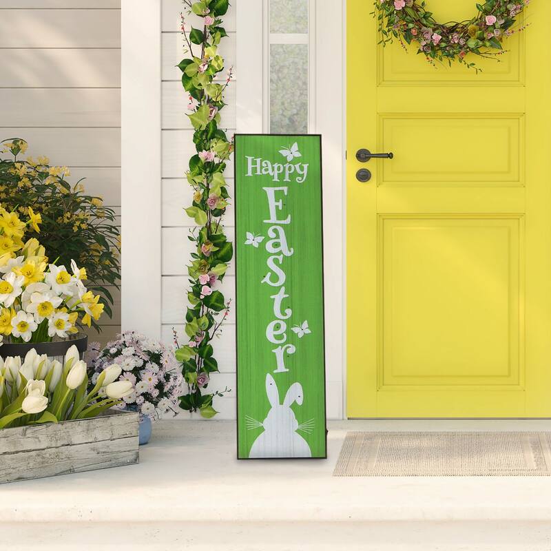 Fraser Hill Farm 45-In. HAPPY EASTER Porch Leaner Sign w/Battery-Operated LED Lights, Festive Spring Decoration, Green/White