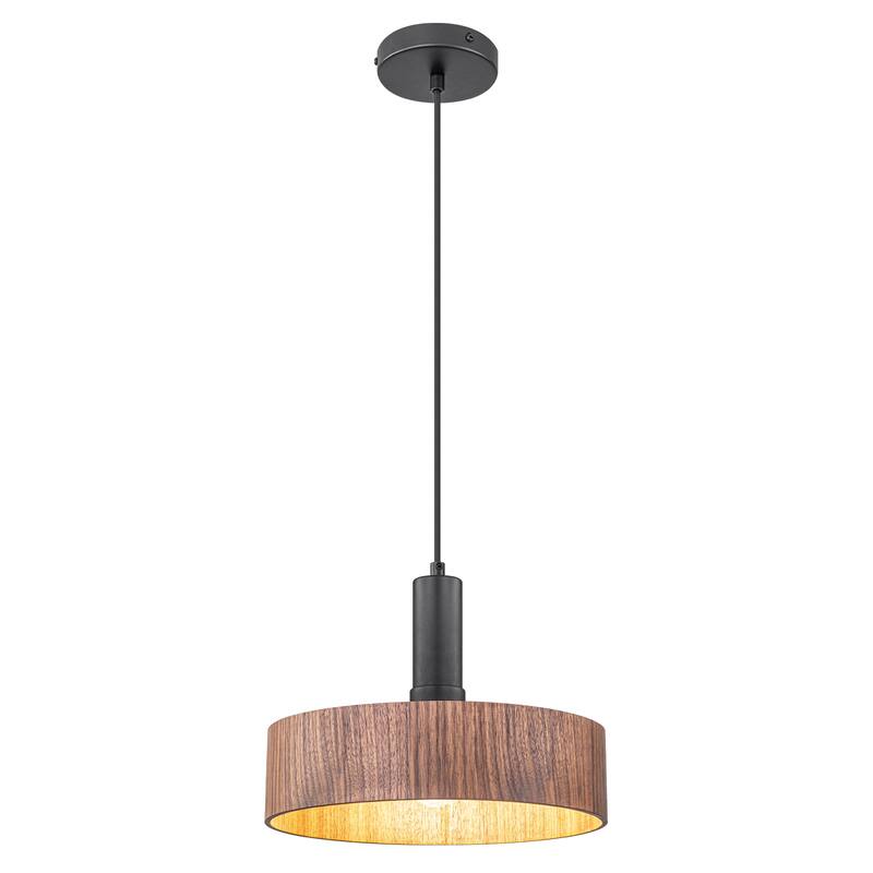 Modern Matte Black Pendant Light with Wood Shade Kitchen Fixture - Dia.12-in