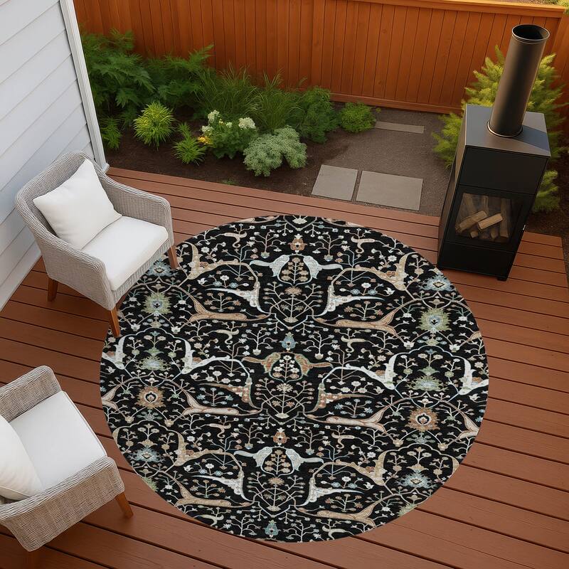 Machine Washable Indoor/ Outdoor Traditional Persian Chantille Rug - Black - 8' x 8'