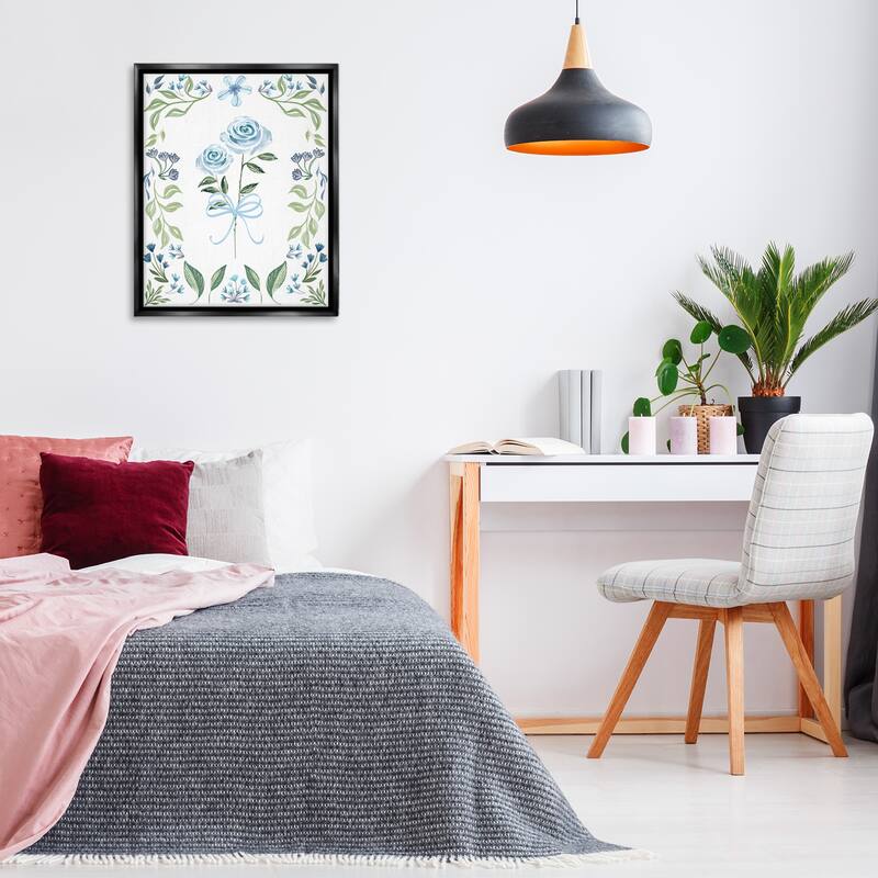 Stupell Blue Roses & Floral Border Framed Floater Canvas Wall Art Design By Kristen Brockmon
