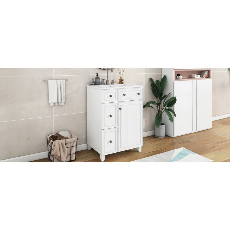 24" Bathroom Vanity Cabinet with Ceramic Sink, 2 Drawers & Door, White