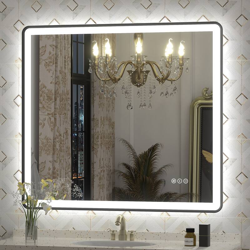 UL Certified Front & Back LED Anti-Fog Tempered Glass Framed Bathroom/Vanity Mirror 3-Year Warranty - 40" x 36"-Rounded Corner - Black