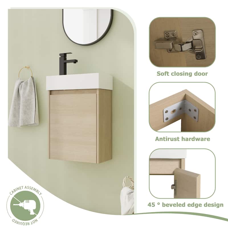 16"/18" Floating Bathroom Vanity with Sink, Mini Wall Mounted Bathroom Vanity with Soft Close Door