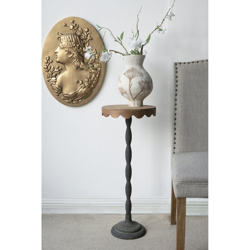 D12x29.5" Black Iron Side Table with Scalloped Brown Wooden Top