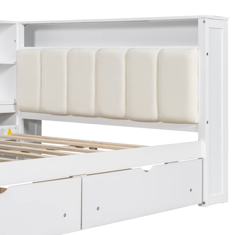 Wood Full Size Platform Bed with Storage Shelves, Drawers, Charging Station, LED, Desk and Upholstered Headboard