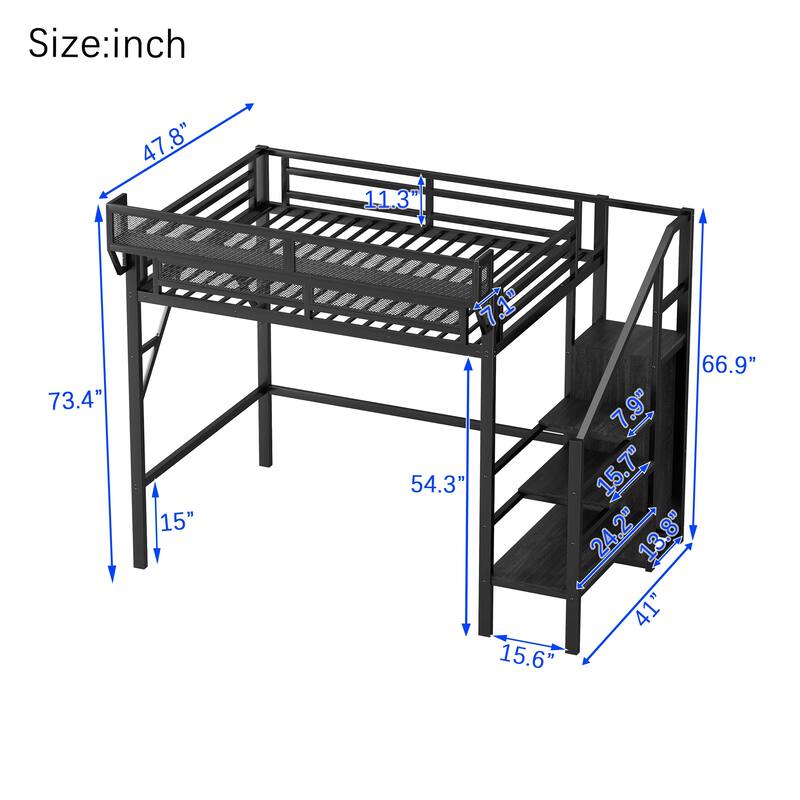 Twin Size Loft Bed with Stairs, Metal Full Loft Bed with Storage Shelves, High Loft Bed with Wardrobe for Kids Teens