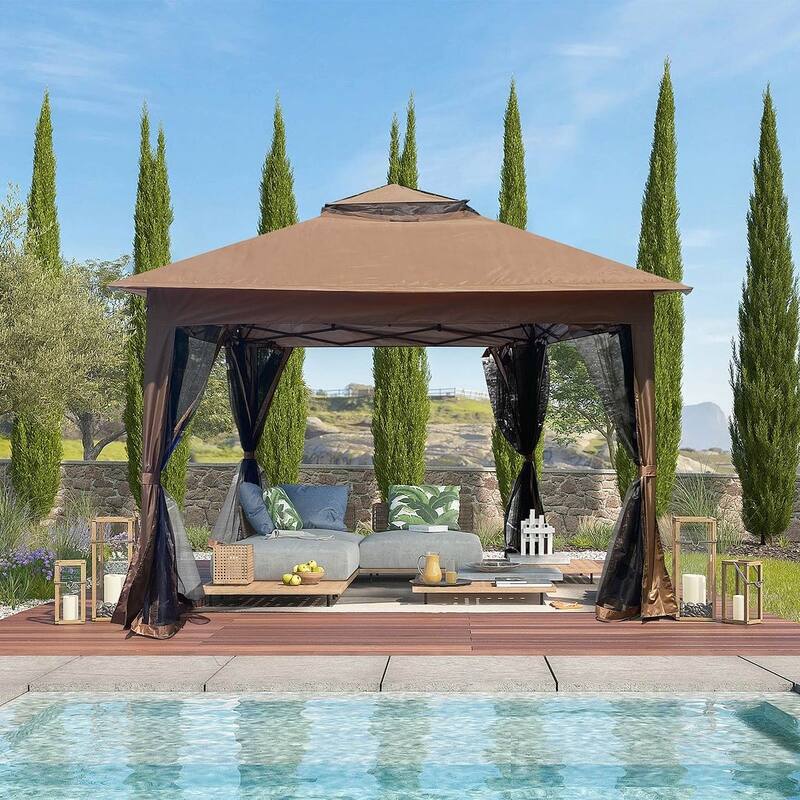Patio Outdoor Gazebo 11X11Ft - Gazebo Canopy with Netting and 2-Tier Soft Top Event Tent for Backyard,Garden Lawn - Brown