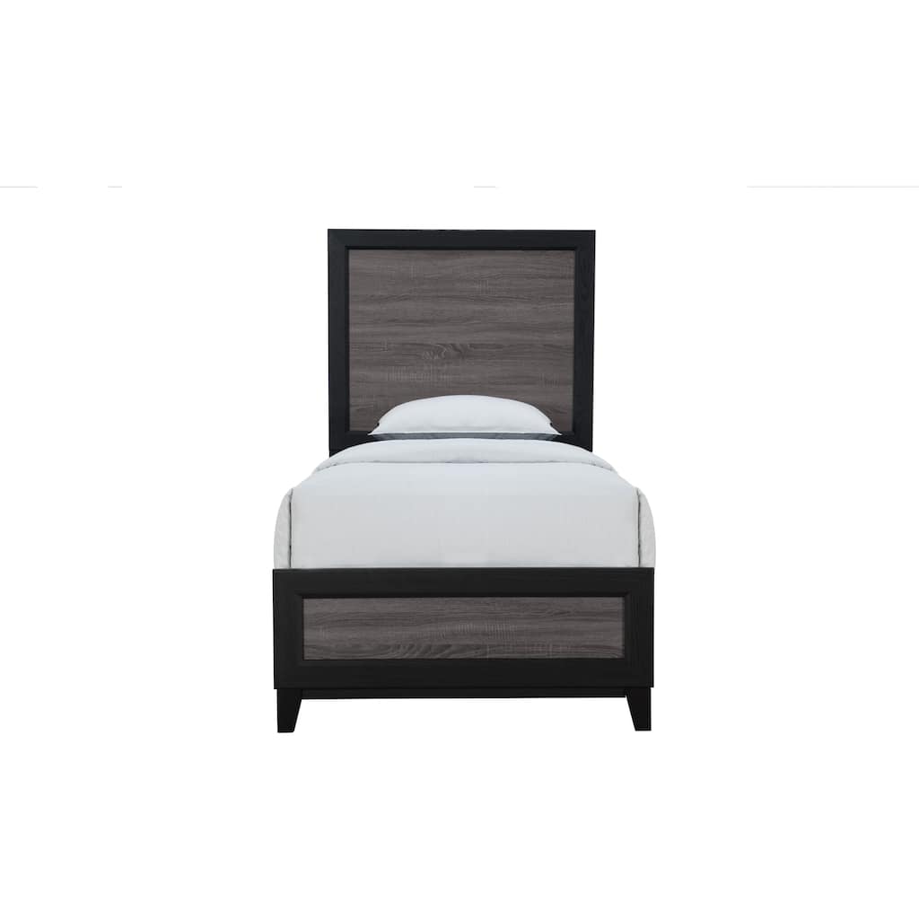 Twin Size Solid Wood Panel Bed with Two-Tone Panel Design and Wood Slats
