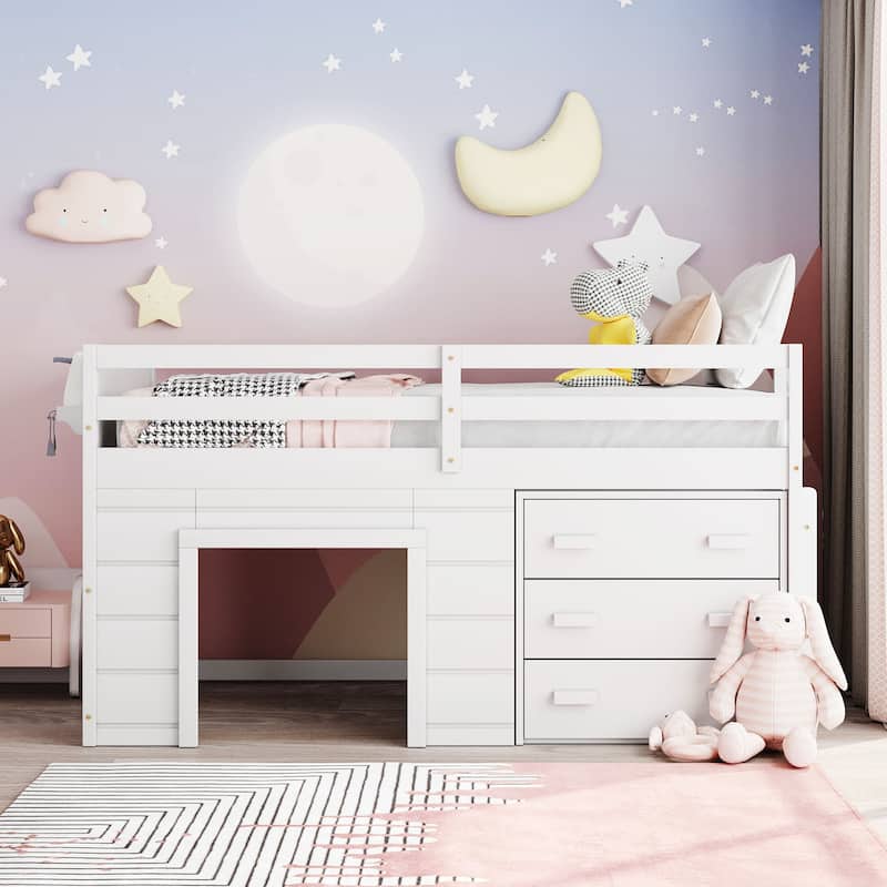 Compact Twin Loft Bed with Cabinet, Shelf, and Storage Drawers in White, Gray, or Espresso