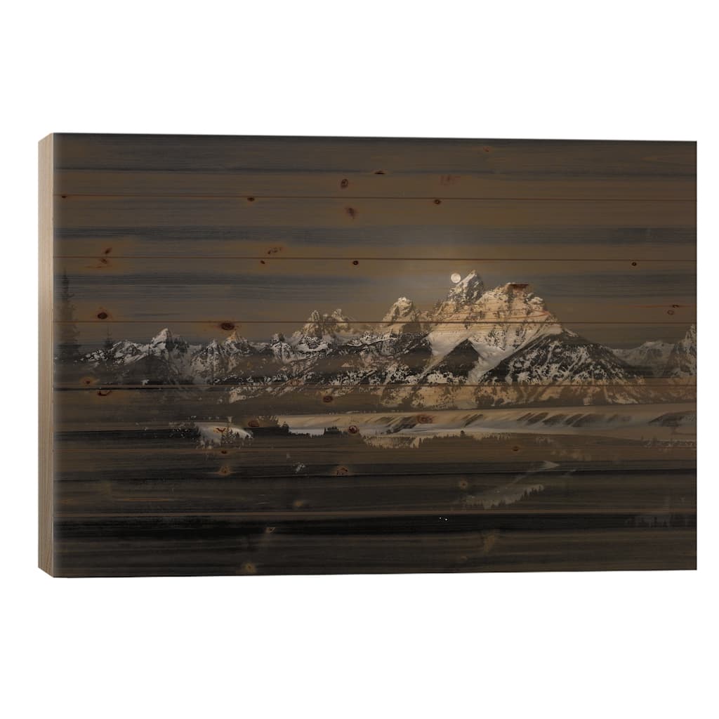 Full Moon Sets In The Teton Mountain Range Print On Wood by Raymond Salani III - Multi-Color