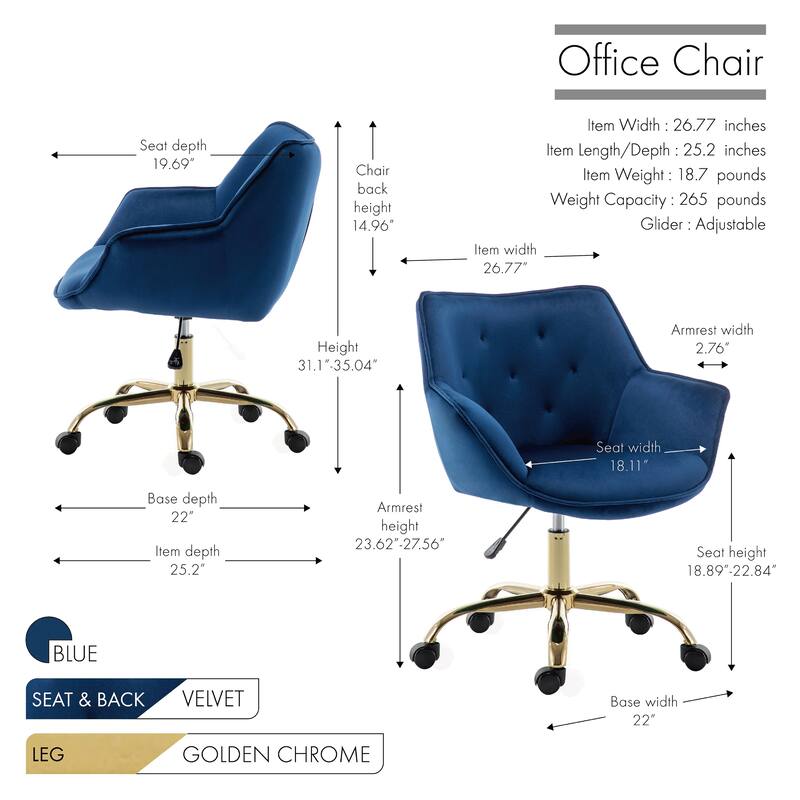 Porthos Home Ula Velvet Office Chair with Arms, Adjustable Swivel Seat