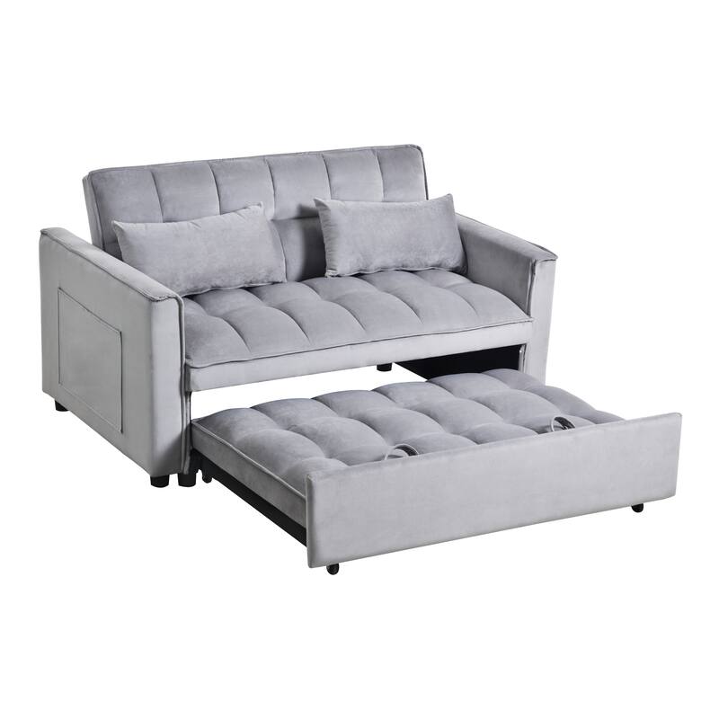 Anmytek Convertible Sleeper Sofa Bed Pull Out Couch Velvet Loveseat Futon with Pillows and Pockets for Living Room Grey