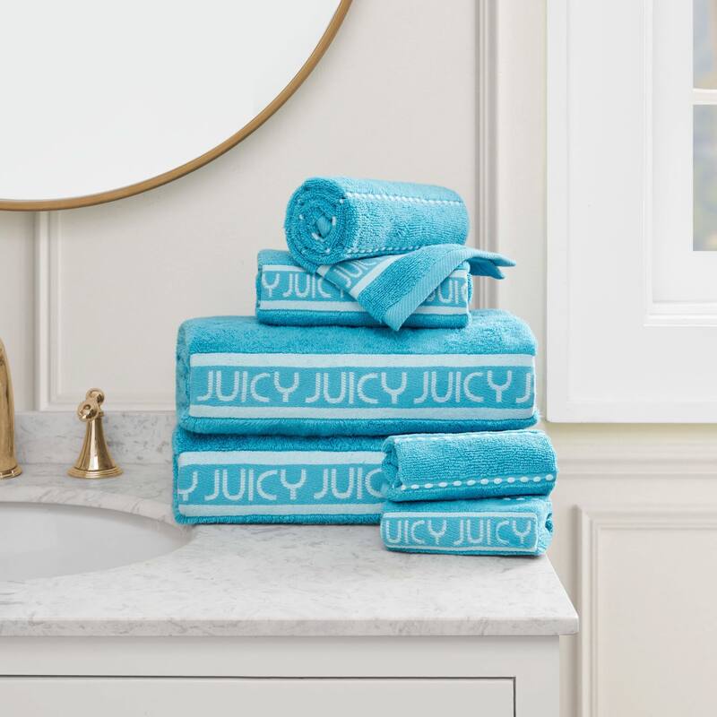 Juicy Couture Cotton Stripe 6 Piece Bath Towel Set 2 Bath towels 2 Hand towels 2 Washcloths - 28"x54"/16"x26"/12"x12" - Pool Blue