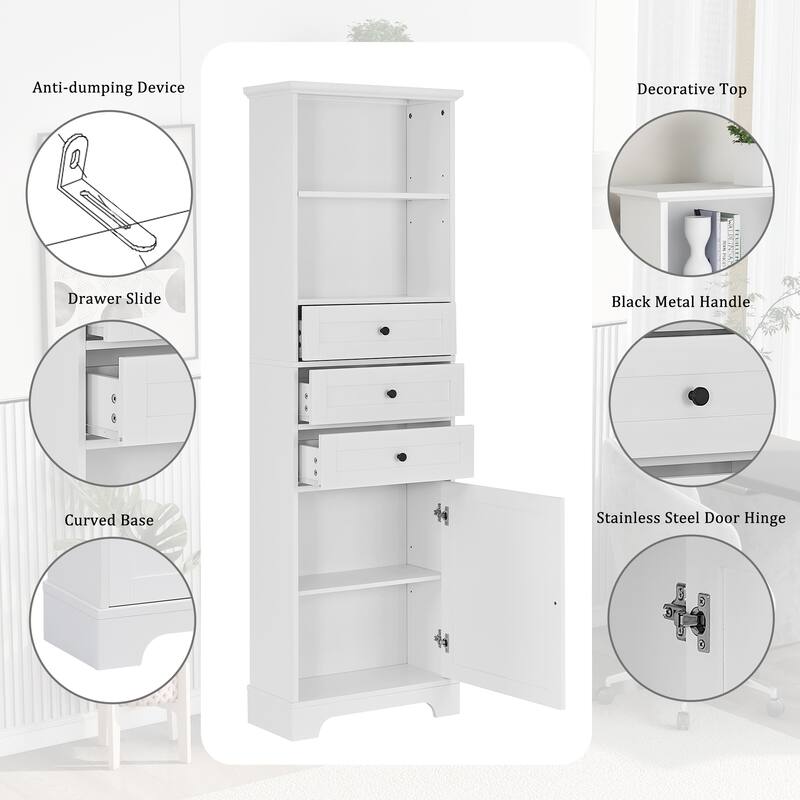 Tall Storage Cabinet with 3 Drawers and Adjustable Shelves for Bathroom, Kitchen and Living Room, MDF Board with Painted Finish