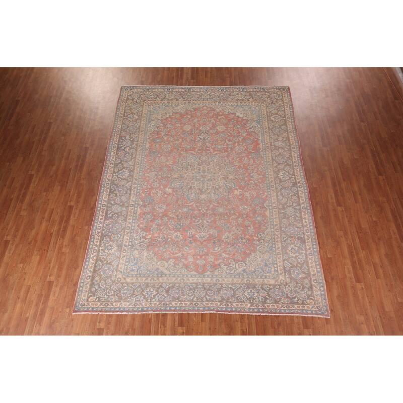 Traditional Pink Mashad Persian Vintage Rug Hand-Knotted Wool Carpet - 9'4"x 12'0"