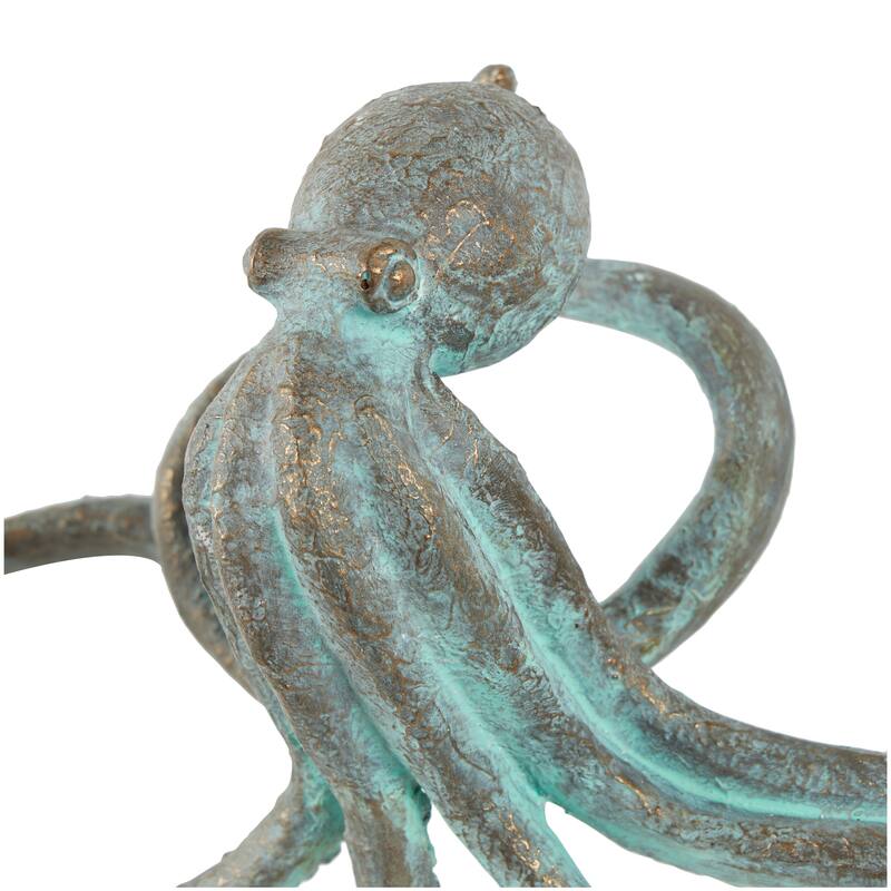 Blue Polystone Distressed Patina Octopus Decorative Sculpture with Gold Foil Accents