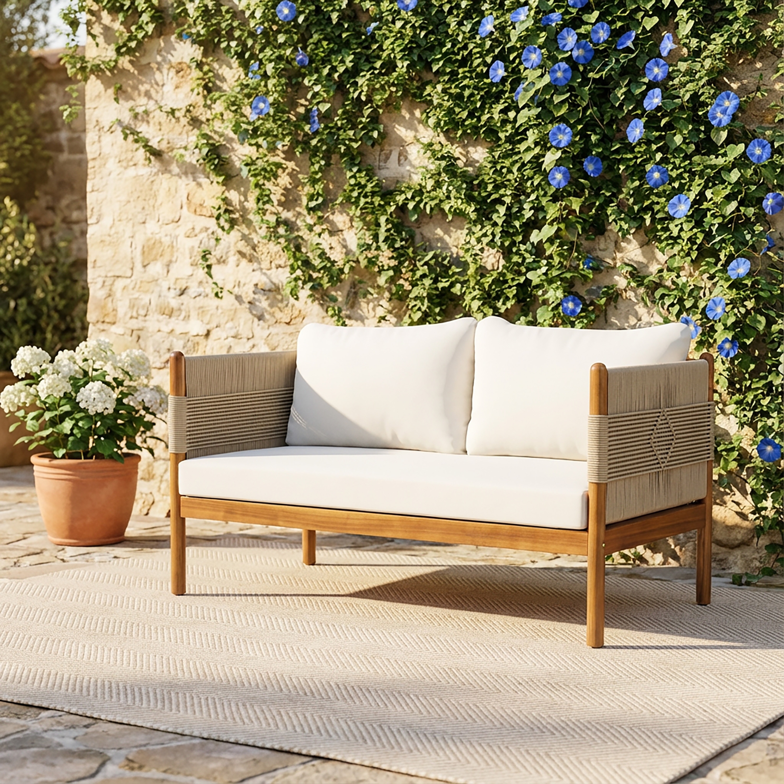 Christopher Knight Home - Xaizai Outdoor 50.35" Acacia Wood 2-Seater Loveseat with Cushions & Square Handwoven Rope Arms