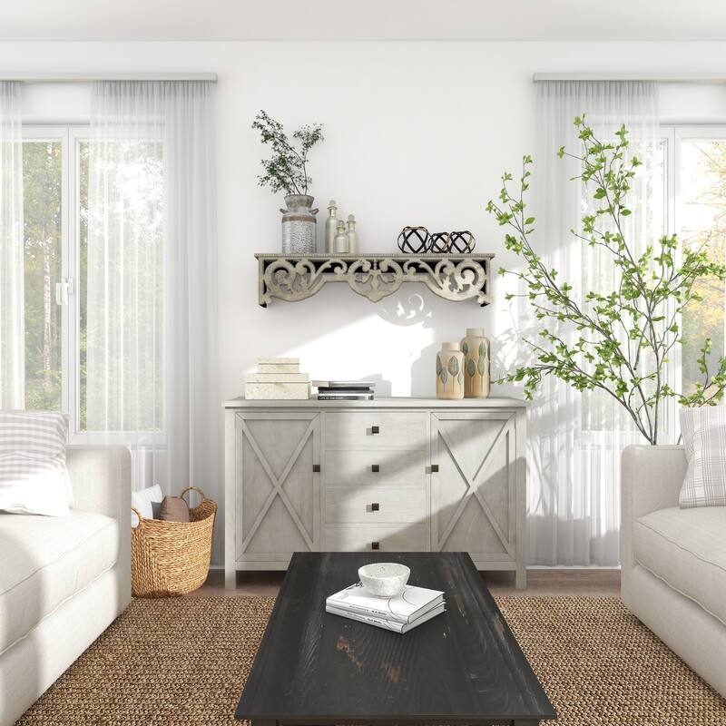 Beige Wooden 1 Shelf Scroll Room Wall Shelf with Gray Distressing