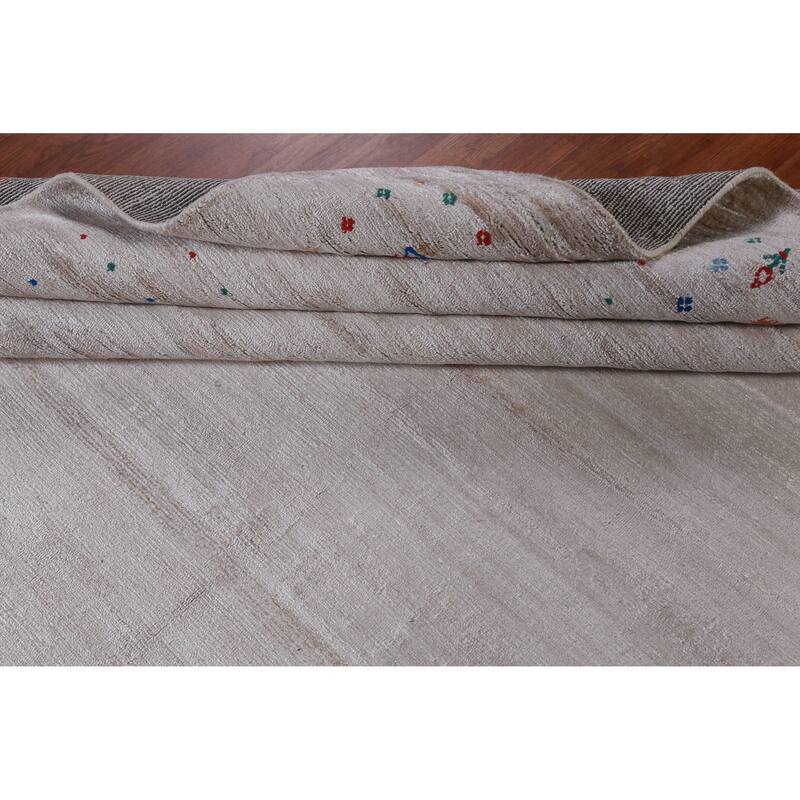 Hand Knotted Oriental Viscose Silk Carpet Tribal Stripe Greys & Charcoal Gabbeh Area Rug - 12' 4'' X 9' 3''