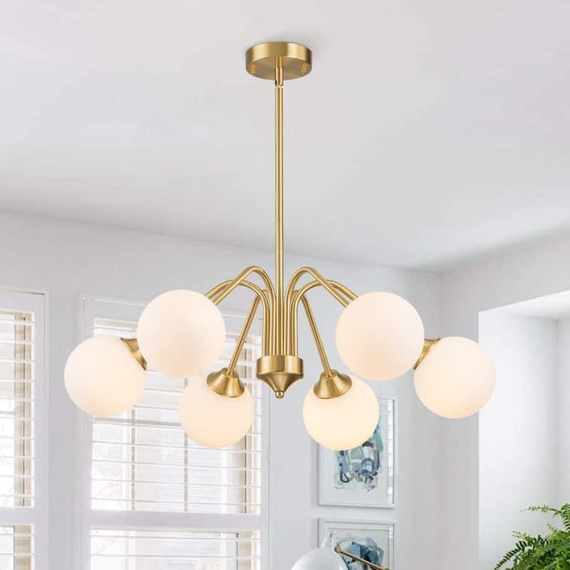 Mid-century Brass Opaline Glass Globe Radial Chandelier - 29.5in