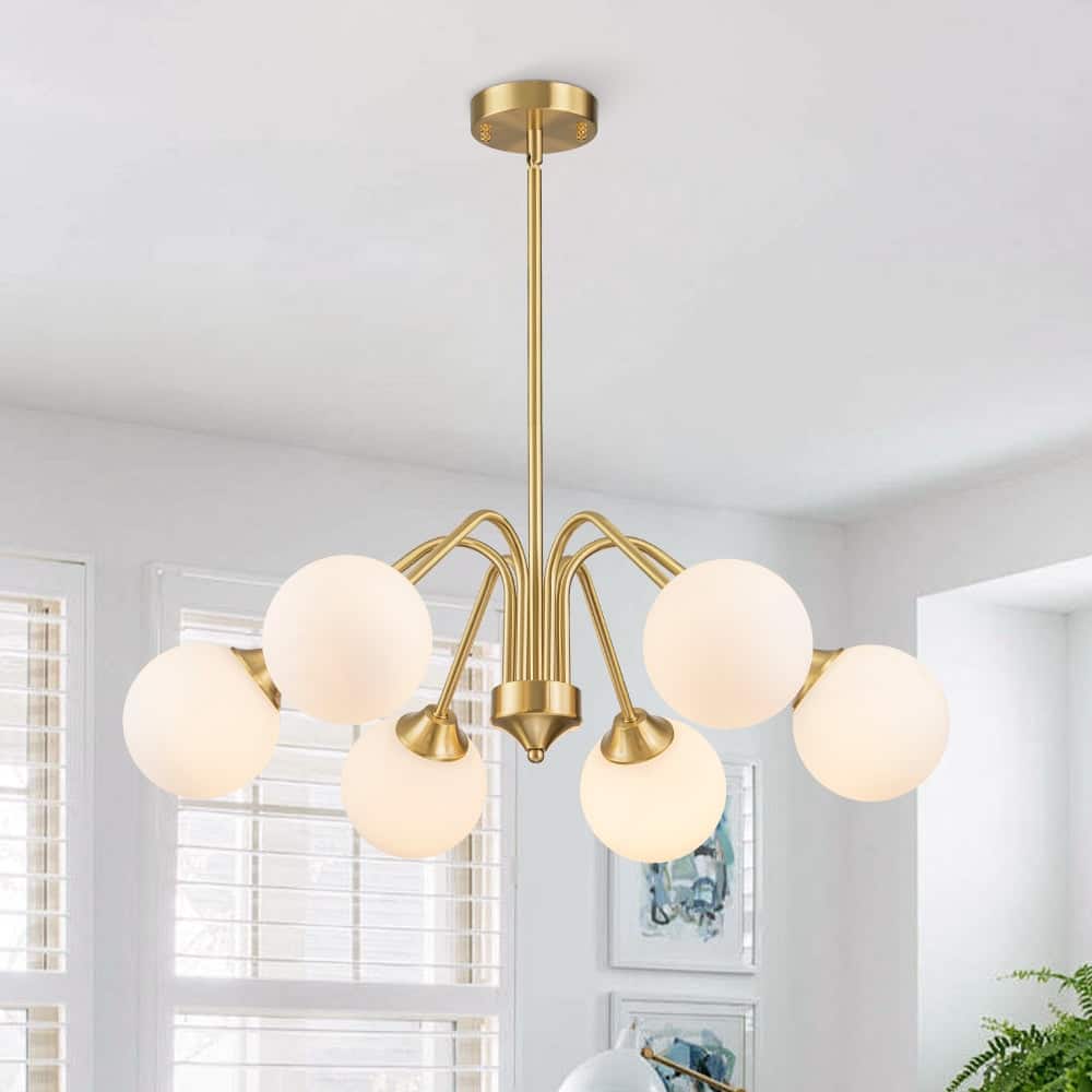 Mid-century Brass Opaline Glass Globe Radial Chandelier