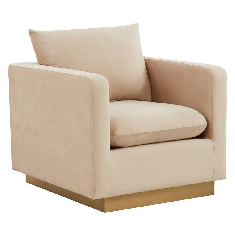 Nervo Velvet Modern Single Seater Sofa, Accent Arm Chair with Gold Stainless Steel Square Base for Living Room & Bedroom - 32.67 - Beige