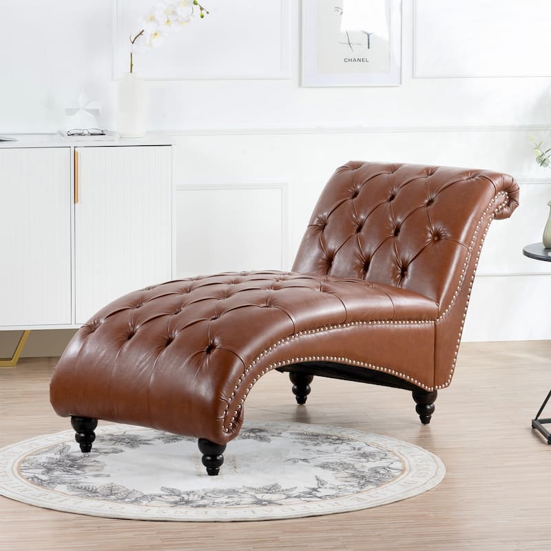 PU Tufted Armless Chaise Lounge with Nailhead Trim and Wood Legs