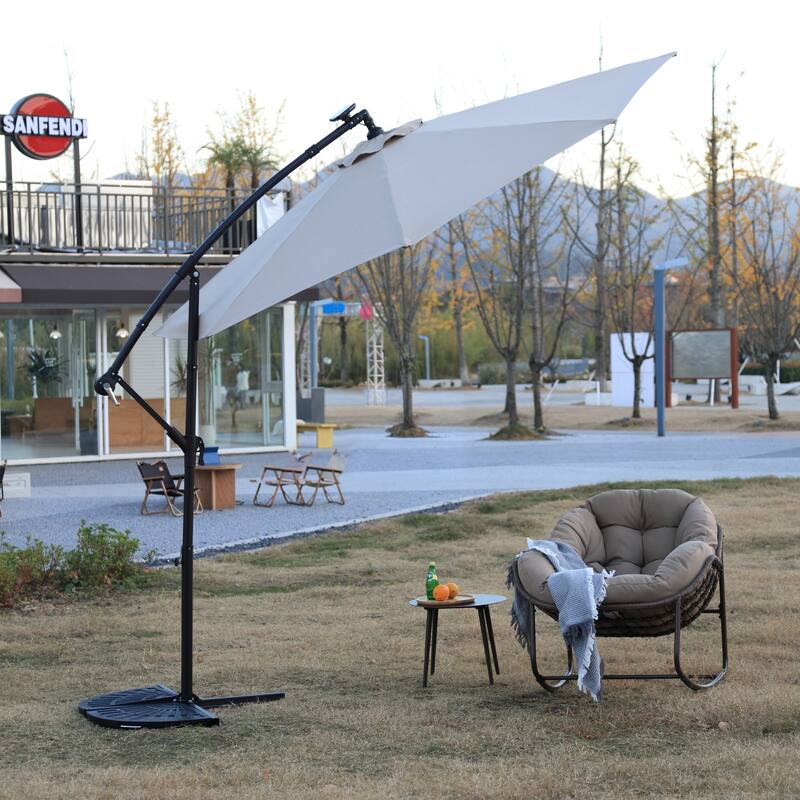 9.67 ft. Steel Market Outdoor Patio Umbrella with 40 lights, Solar LED Offset Hanging Umbrella (No Base)
