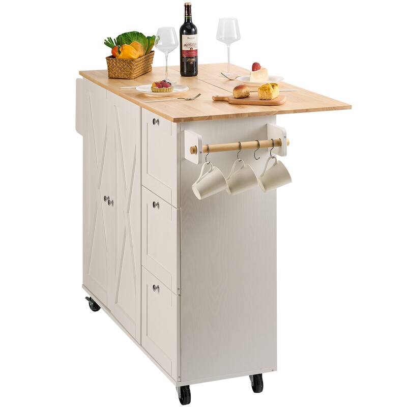 Kitchen Island Cart with Solid Wood Top, Spice Rack, Towel Rack, Drop Leaf & Drawer