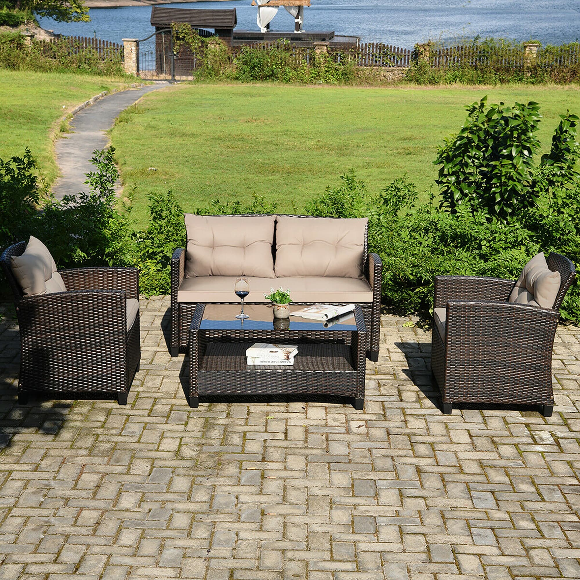 Costway 4PCS Outdoor Rattan Furniture Set Cushioned Sofa Armrest Chair - See Details