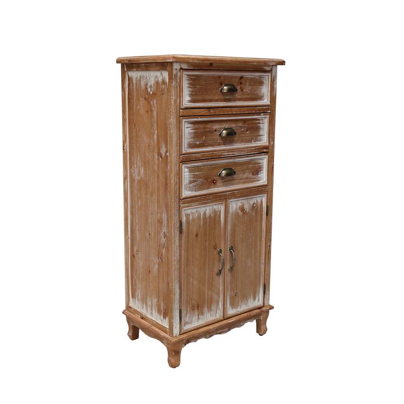Rustic Wooden Storage Cabinet with Decorative Cutout Door & 3 Drawers, Tall Narrow Organizer for Living Room, Bedroom