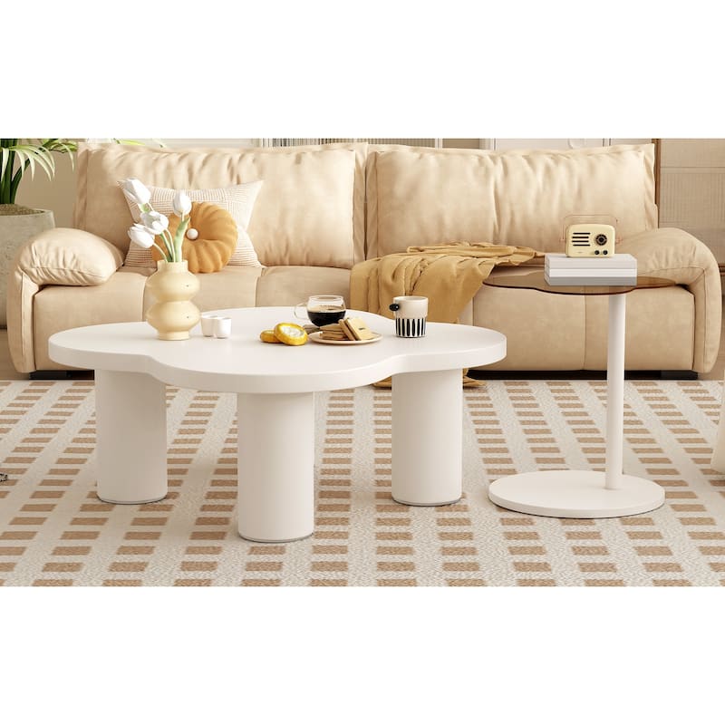 Home Coffee Table Set of 2, Glass Top End Table and Irregular Top Coffee Table with Roman Column Legs for Living Room