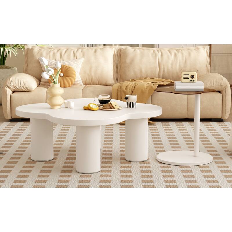 Modern Coffee Table Set of 2, Irregular Shape Coffee Table with 4 Roman Column Legs and End Table with Glass Top for Living Room