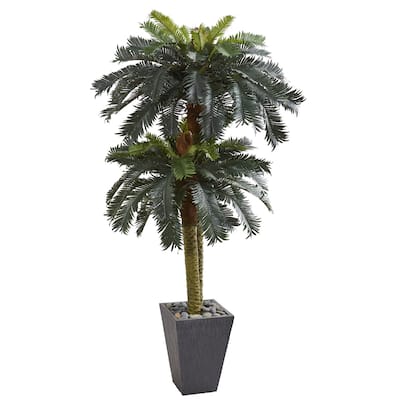Artificial Palm Tree 6ft Double Sago with Planter - Tropical Indoor Tree Decor for Home Office Living Room - 6ft.