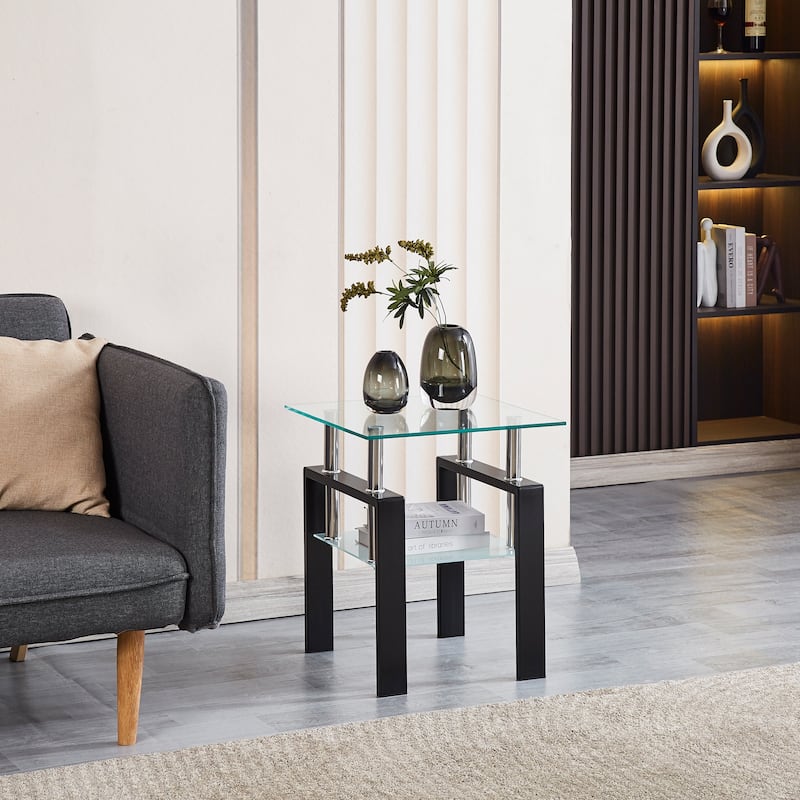 Tempered Transparent Glass End Table, 2-Layers Small Table with Storage