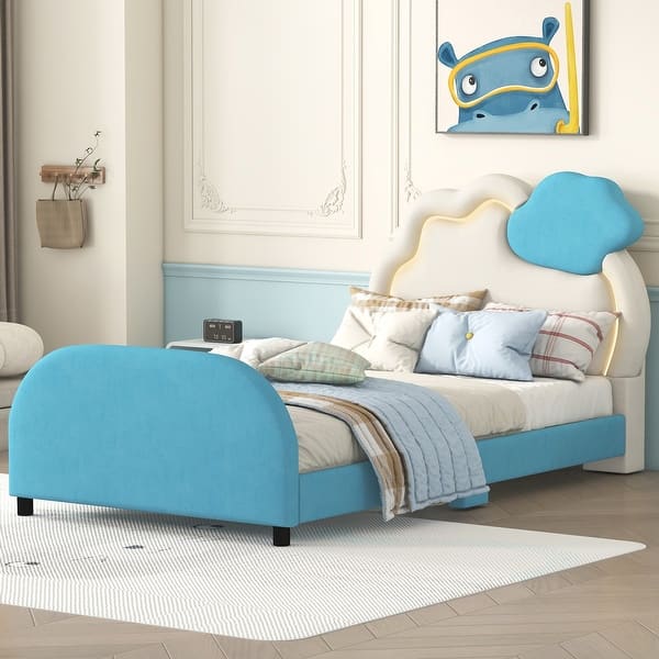 slide 2 of 12, Twin Size Bed Frame with Cloud-Shaped Headboard & Embedded Light Stripe, Velvet Upholstered Platform Bed with Slat Support, Blue