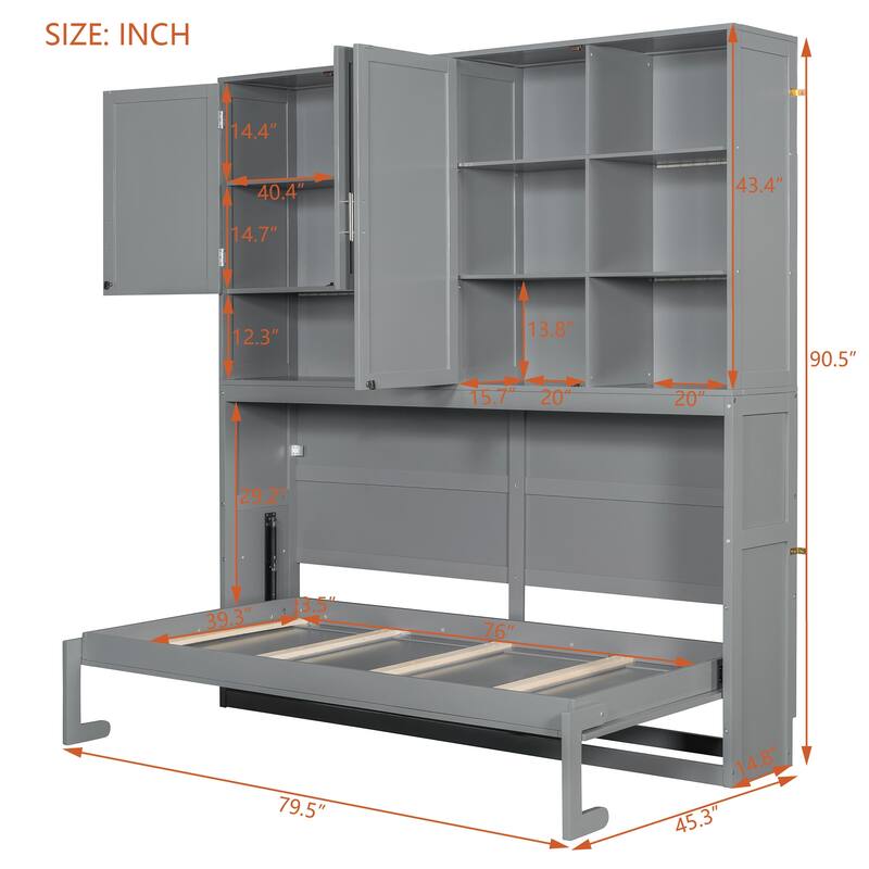 Twin Size Murphy Bed with Storage - Multi-Functional Fold-Up Design, Industrial-Grade MDF/Plywood Construction
