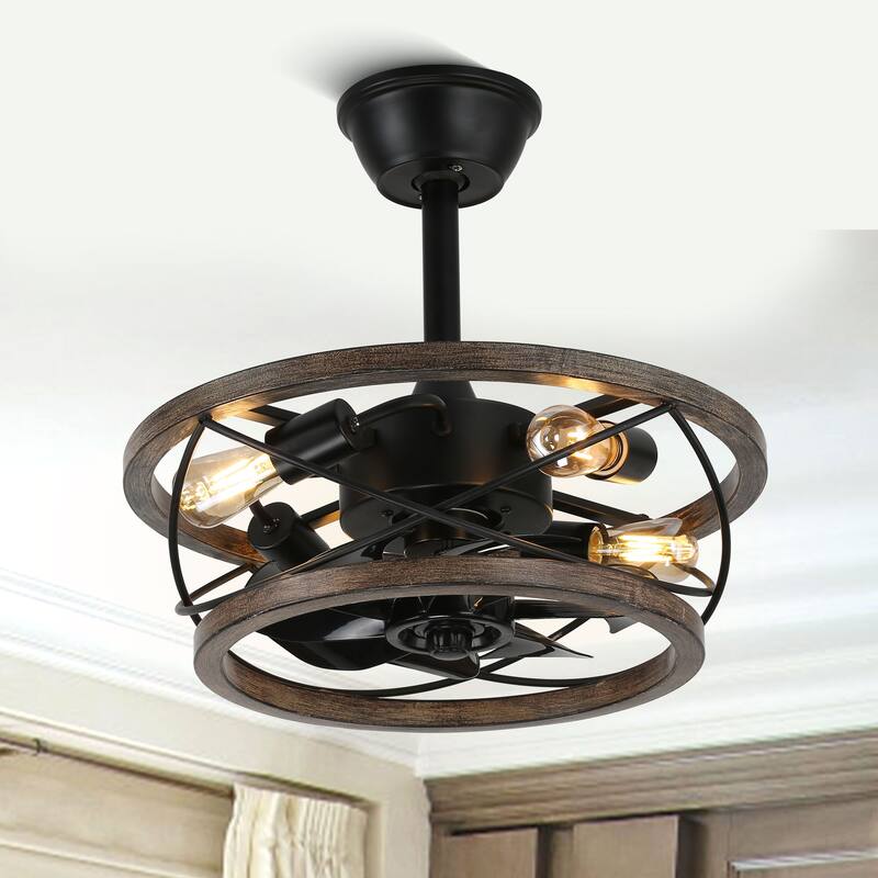 CurveCurio18" Small Farmhouse Ceiling Fan Light 4-Light Solid Wood Shade Quiet Motor w Remote Control Included for Bedroom - 18" * 18“ * 13” - Wood - Line Switch