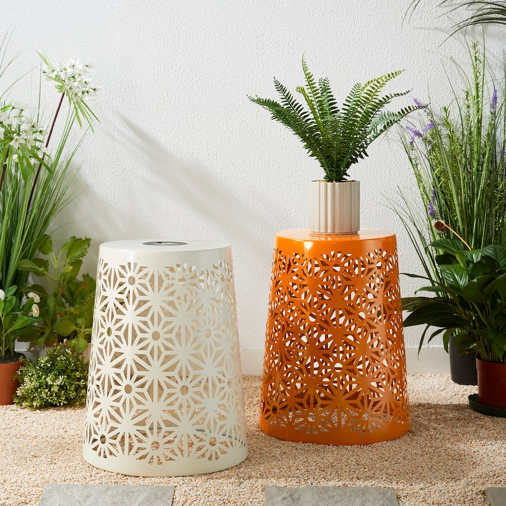 Glitzhome 17.5"H Set of 2 Cutout Geometric Pattern Solar Powdered LED Light Garden Stool