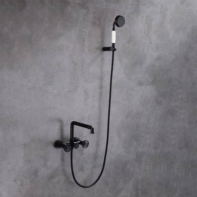 2-Handle Wall Mounted Tub Faucet Set With Hand Shower in Black/Gold