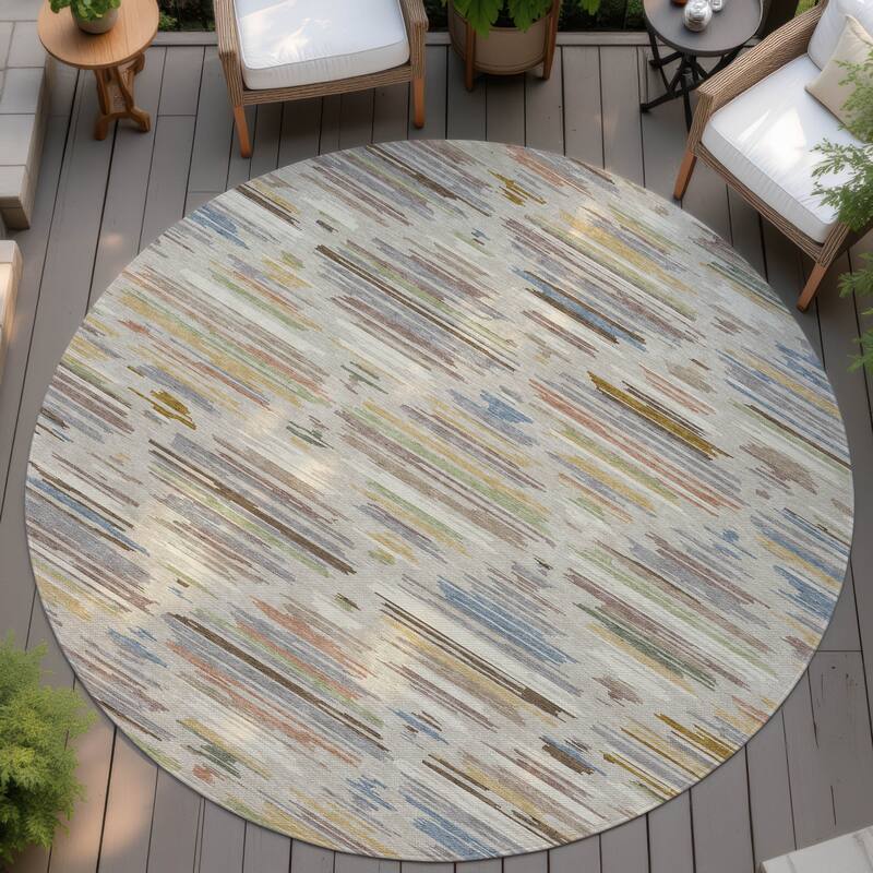 Machine Washable Indoor/ Outdoor Modern Trellis Chantille Rug - Beige - 8' x 8'