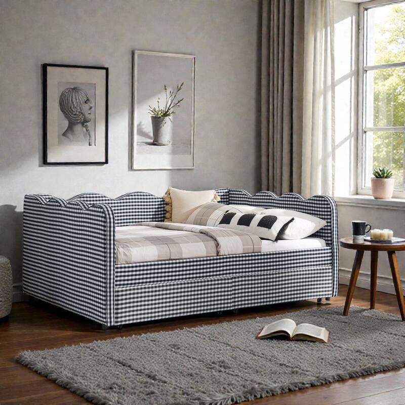 Full Size Gingham Upholstered Daybed with USB Port, Two Storage Drawers and Wave Shaped Design - Navy Blue - Full