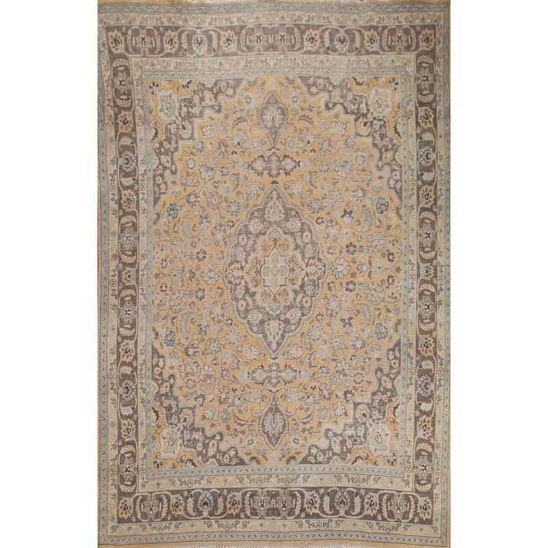 Hand Knotted Oriental 100% Wool Carpet Traditional Floral Yellow & Gold Mashad Area Rug - 12' 5'' X 9' 4''