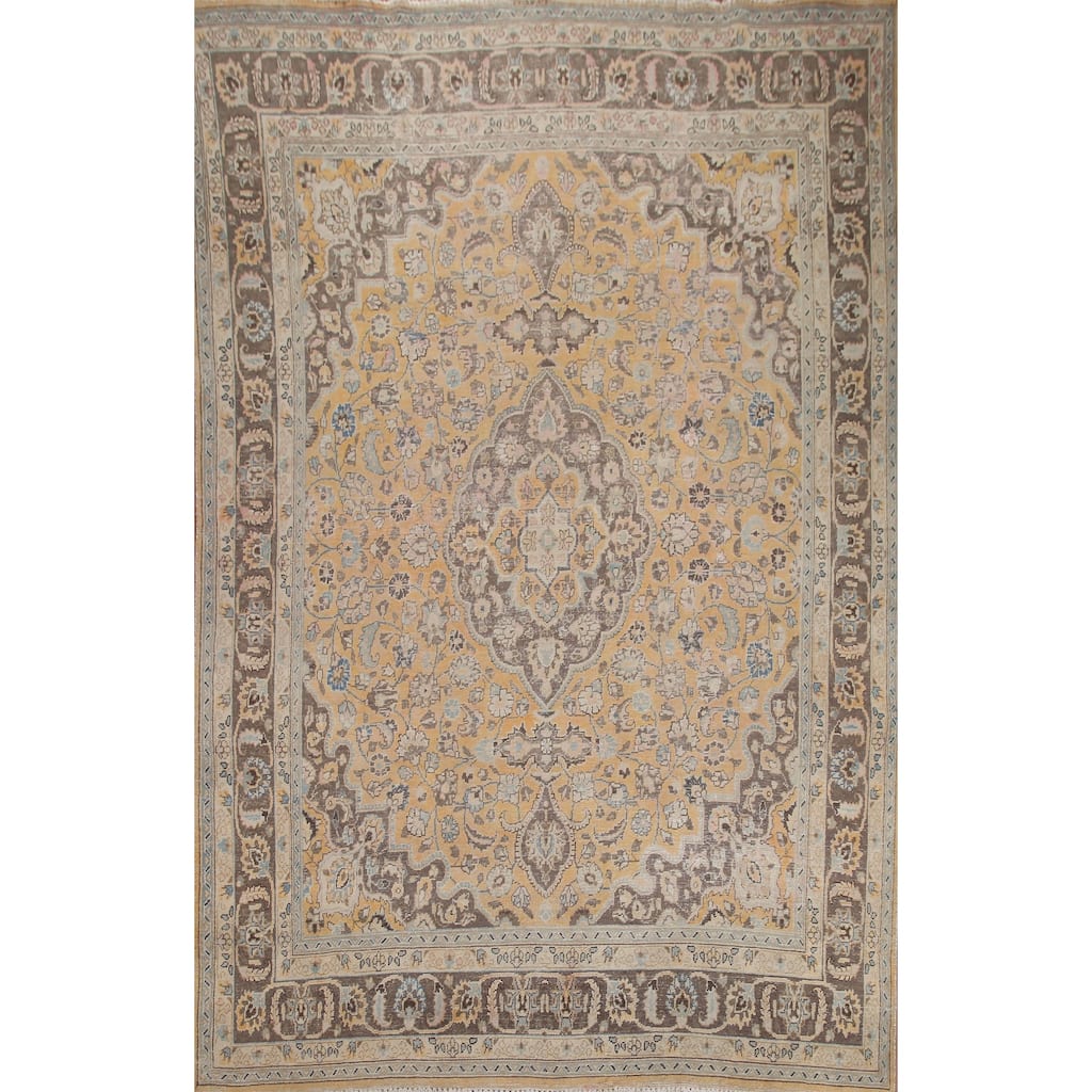 Hand Knotted Oriental 100% Wool Carpet Traditional Floral Yellow & Gold Mashad Area Rug - 12' 5'' X 9' 4''
